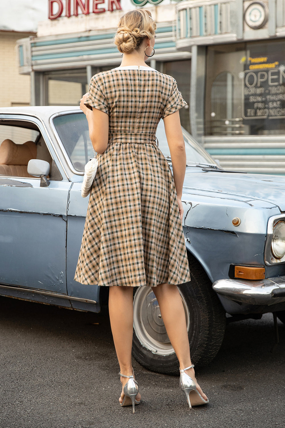 Khaki Green Grid Short Sleeves Vintage 1950s Dress