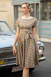 Khaki Green Grid Short Sleeves Vintage 1950s Dress