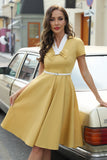 V Neck Yellow 1950s Dress with Belt