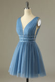 Glitter Grey Blue Tulle Short Prom Dress