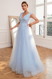 Light Blue Backless Long Prom Dress with Appliques