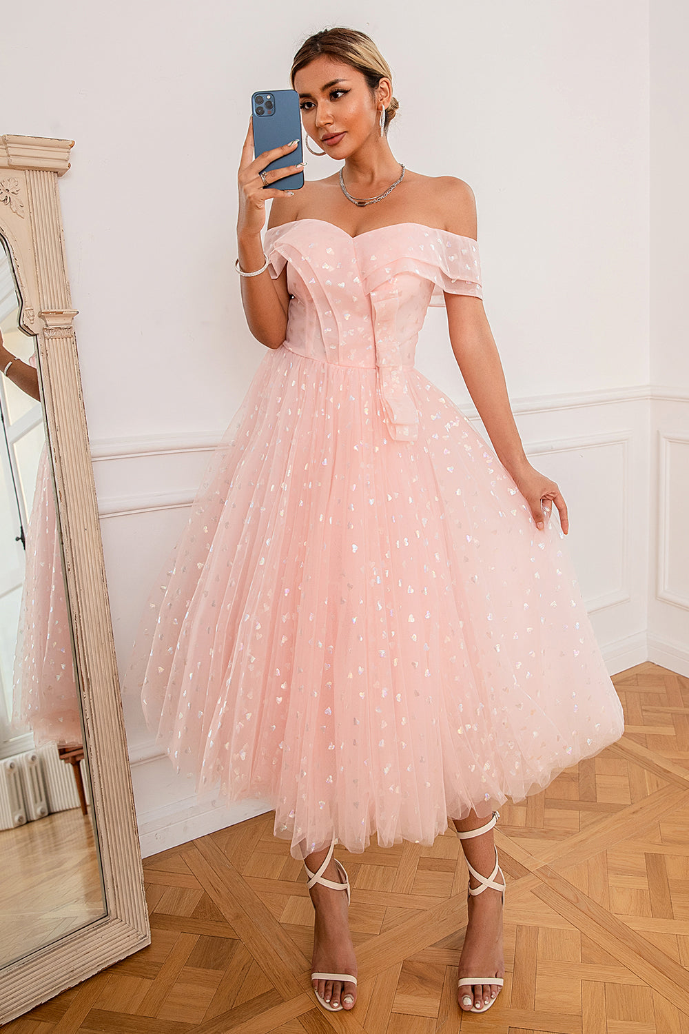 Pink Off Shoulder Hearts Prom Dress