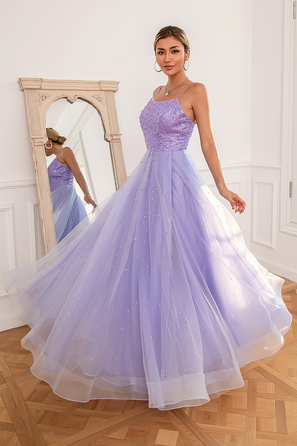 Embroidered Georgette Tiered Dress in Light Purple : TWJ4849