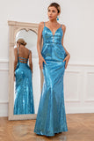 Mermaid Spaghetti Straps Blue Sequins Long Prom Dress