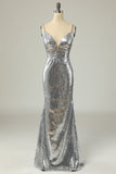 Mermaid Spaghetti Straps Silver Sequins Long Prom Dress Backless