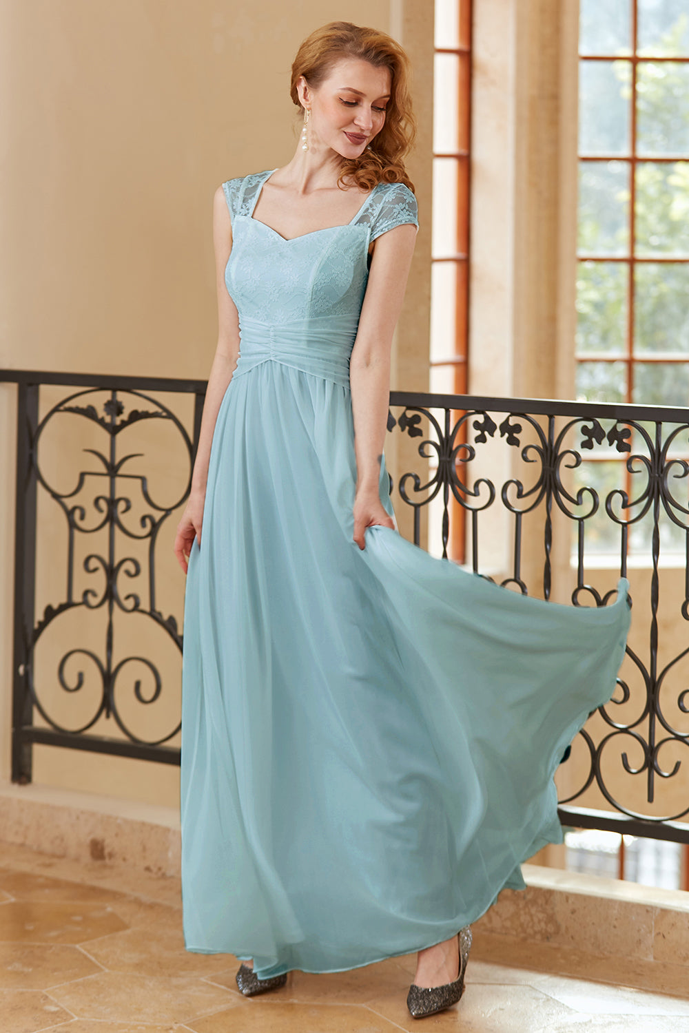 A Line Sweetheart Sky Blue Long Lace Dress