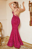 Hot Pink Sequin Mermaid Plus Size Prom Dress with Lac-up Back