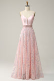 A Line Spaghetti Straps Pink Long Prom Dress with Beading