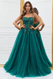 Sparkly Dark Green Tulle Long Prom Dress with Appliques