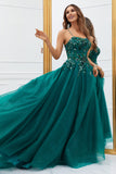 Sparkly Dark Green Tulle Long Prom Dress with Appliques