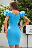 Simple Blue Off the Shoulder Tight Homecoming Dress with Ruffles
