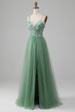 Sparkly Green A-Line Spaghetti Straps Corset Prom Dress With Appliques