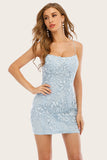 Light Blue Short Tight Homecoming Dress with Lace Beading