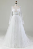 Ivory A-Line V-Neck Pleated Tulle Wedding Dress With Long Sleeves