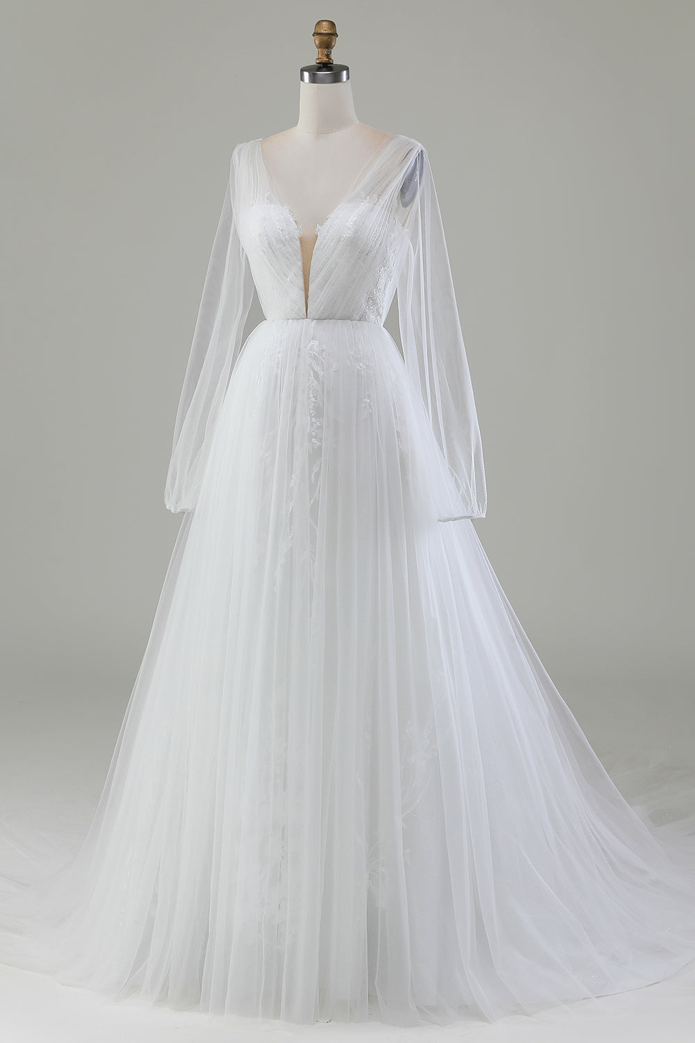 ZAPAKA Women Ivory Bridal Dress A-Line V-Neck Pleated Tulle Wedding Dress With Long Sleeves, Ivory / US8 ZAPAKA Women Ivory Bridal Dress A-Line V-Neck Pleated Tulle Wedding Dress With Long Sleeves, Ivory / US8