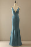 Mermaid Blue V Neck Long Prom Dress