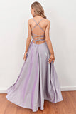 Lilac Deep V Neck Long Prom Dress with Cross Straps