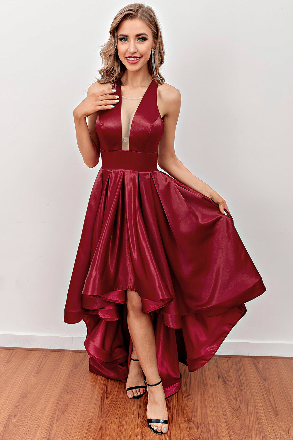 Burgundy High Low Prom Dress with Pockets