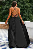 A-Line Spaghetti Straps Backless Long Satin Prom Dress with Slit