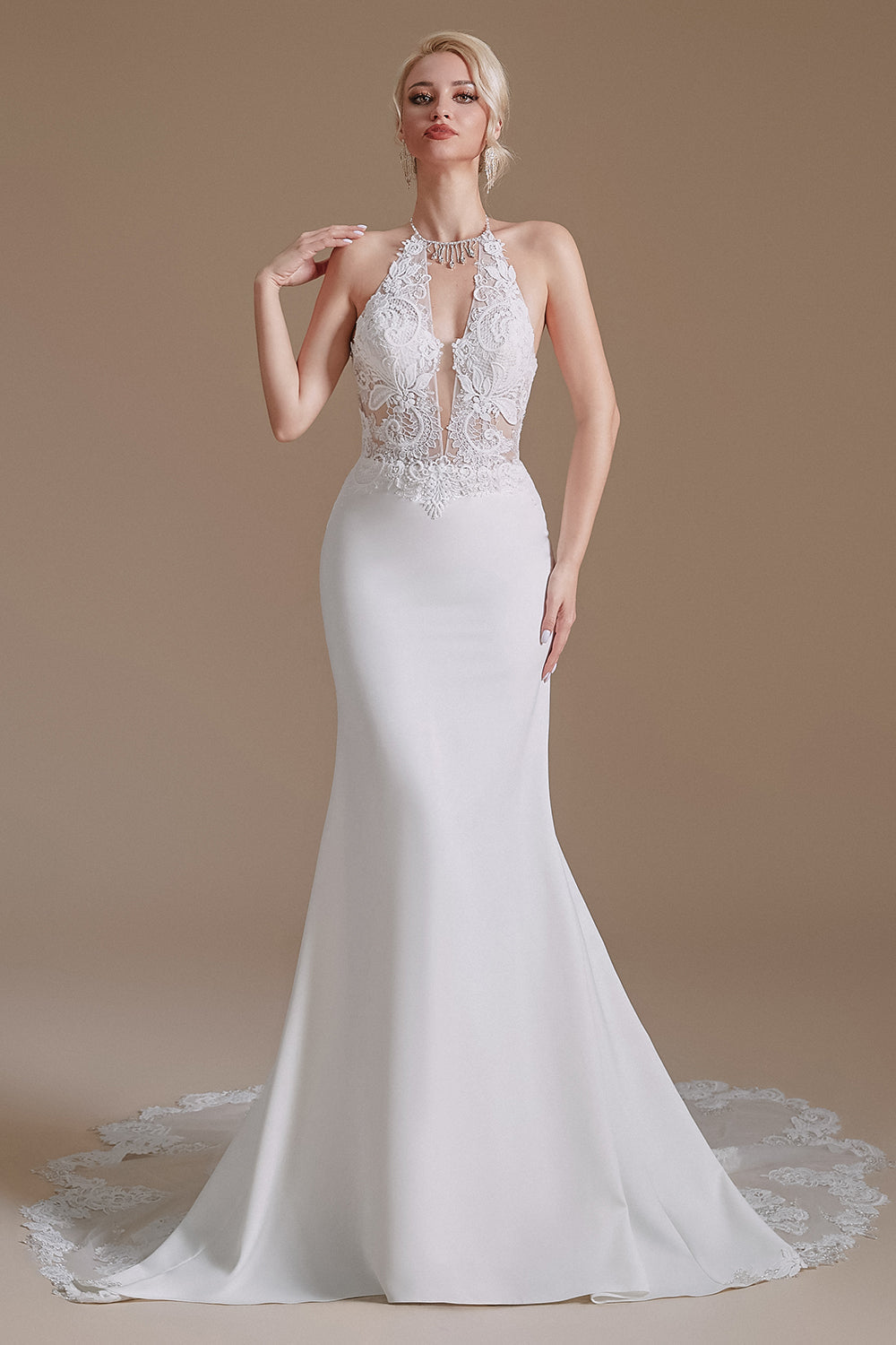 White Mermaid Halter Backless Sweep Train Wedding Dress with Lace