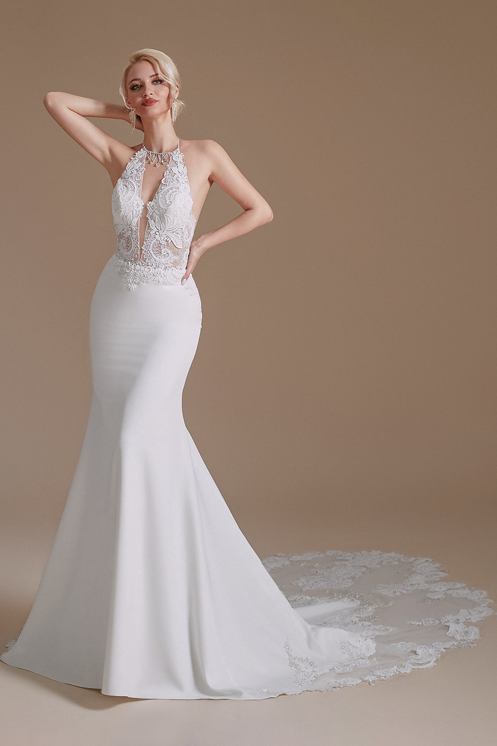 White Mermaid Halter Backless Sweep Train Wedding Dress with Lace