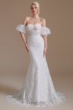 White Mermaid Lace Detachable Puff Sleeves Sweep Train Bridal Dress