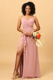 A Line Spaghetti Straps Blush Long Bridesmaid Dress with Split Front