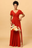 A Line V Neck Rust Long Bridesmaid Dress with Short Sleeves