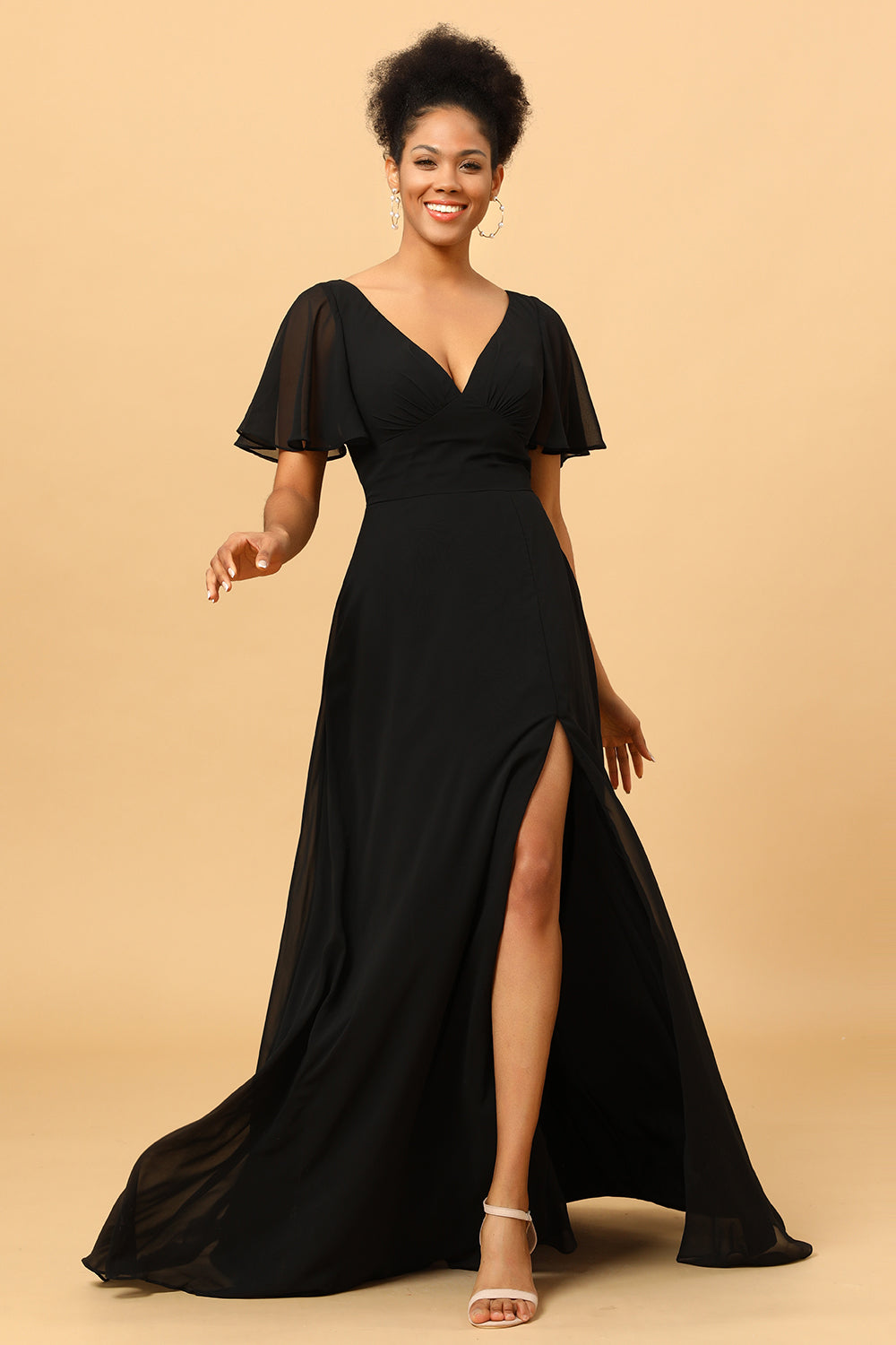 Zapaka Women Black Long Chiffon Bridesmaid Dress with Slit V-Neck Batwing Sleeves Wedding Guest Dress, Chiffon Color / US4 Zapaka Women Black Long Chiffon Bridesmaid Dress with Slit V-Neck Batwing Sleeves Wedding Guest Dress, Chiffon Color / US4