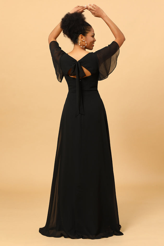 Matcha Batwing Sleeves Long Chiffon Bridesmaid Dress with Slit