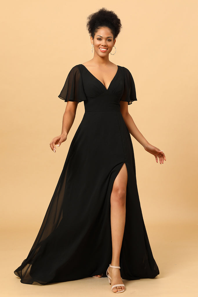 Matcha Batwing Sleeves Long Chiffon Bridesmaid Dress with Slit