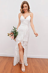Zapaka Women White Lace Dress High-Low Beach Wedding Dress, White / US12