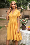 Elegant Yellow V Neck Vintage Dress