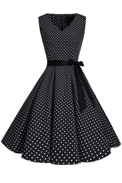 Zapaka Women Vintage Black White Dots A Line V Neck Belted Swing 1950s ...