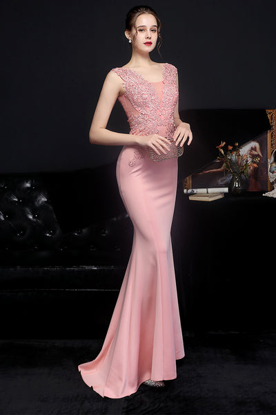 ZAPAKA Women Prom Dress Blush Applique Mermaid Long Evening Party Dress