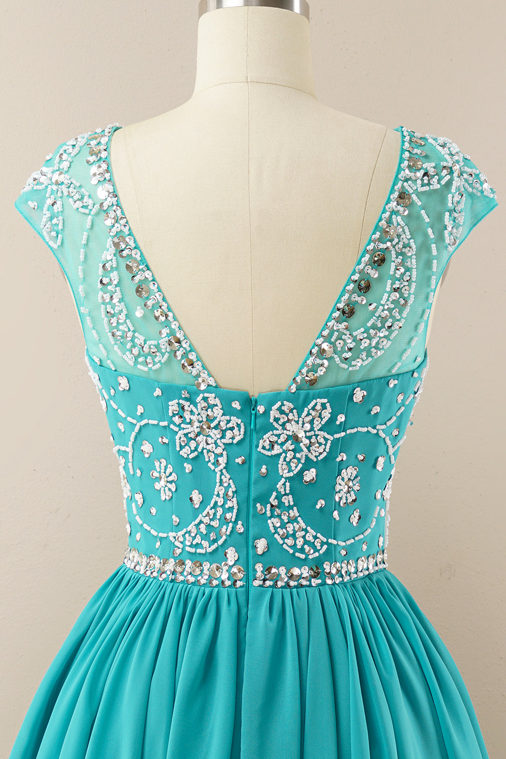 Turquoise Beaded Sleeveless Homecoming Dress