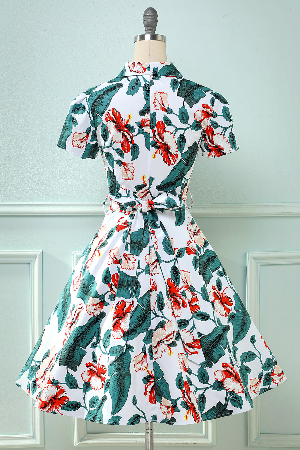 Retro V Neck Leaf Printed Vintage Dress