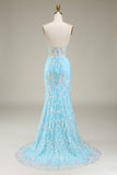 Blue Spaghetti Straps Sparkly Mermaid Prom Dress