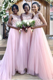 A Line Round Neck Blush Tulle Long Prom Dress with Beading