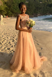 A Line Round Neck Blush Tulle Long Prom Dress with Beading