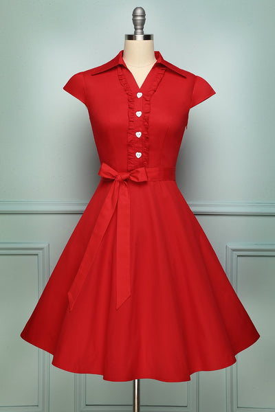 Zapaka Women 1950s Vintage Red A Line Lapel Collar Swing Pinup Dress ...