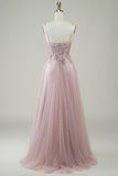 Sparkly Blush A-Line Tulle Long Prom Dress with Lace