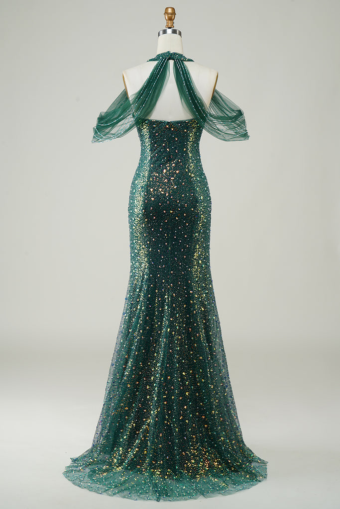 Zapaka Women Sparkly Dark Green Sequin Mermaid Long Prom Dress Halter