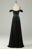 Cold Shoulder Black Sequins Corset Long Prom Dress