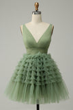 Green Tulle V-Neck Short Prom Dress With Open Back