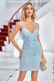 Light Blue Sparkly Tight Homecoming Dress with Lace-up Back