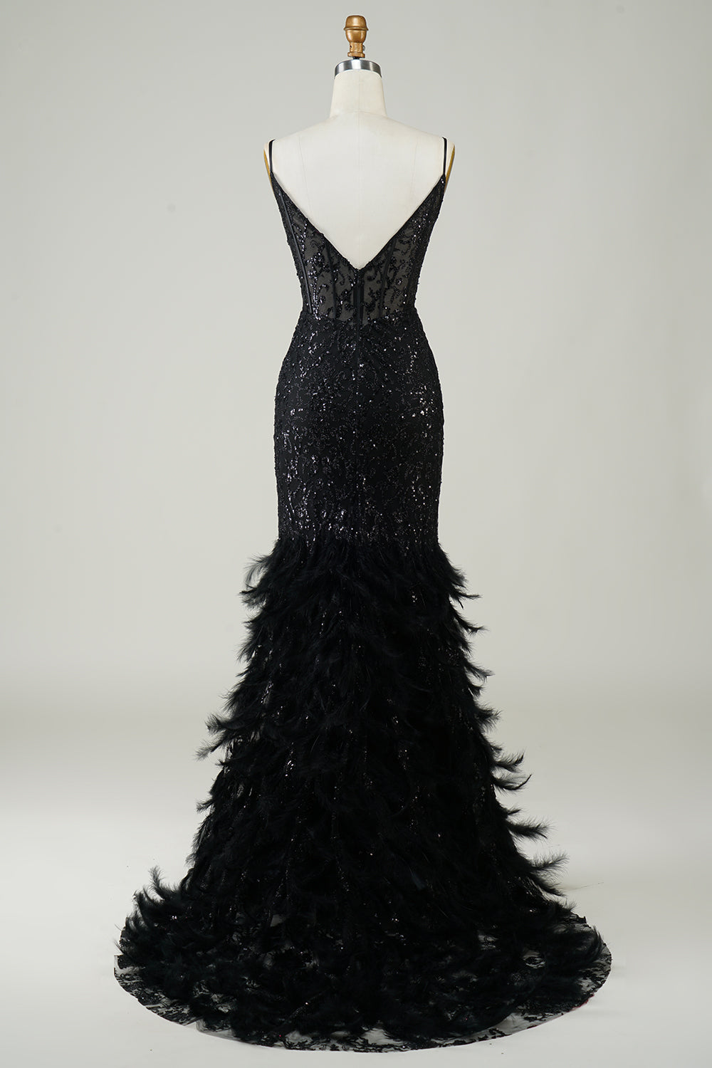 Sparkly Black Mermaid Long Sequin Prom Dress with Feathers