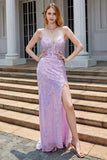 Purple Sparkly Appliques Corset Prom Dress with Slit