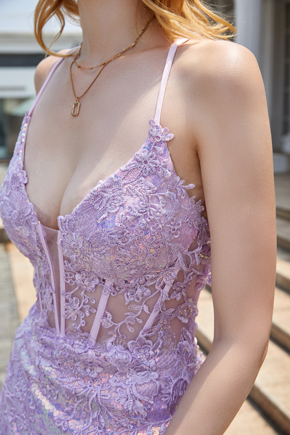 Purple Sparkly Appliques Corset Prom Dress with Slit