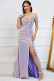 Sparkly Mermaid Off The Shoulder Purple Long Prom Dress with Slit